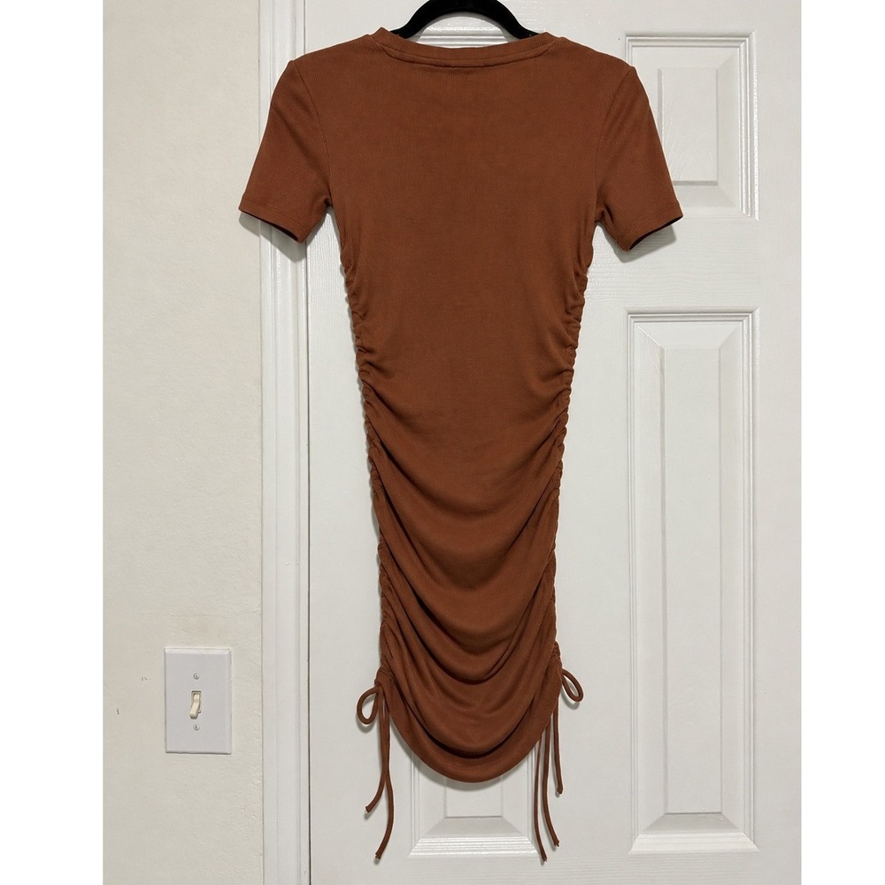 Zara Brown Ribbed Ruched Side Drawstring Bodycon Mini Dress Small Stretch - Picture 4 of 6